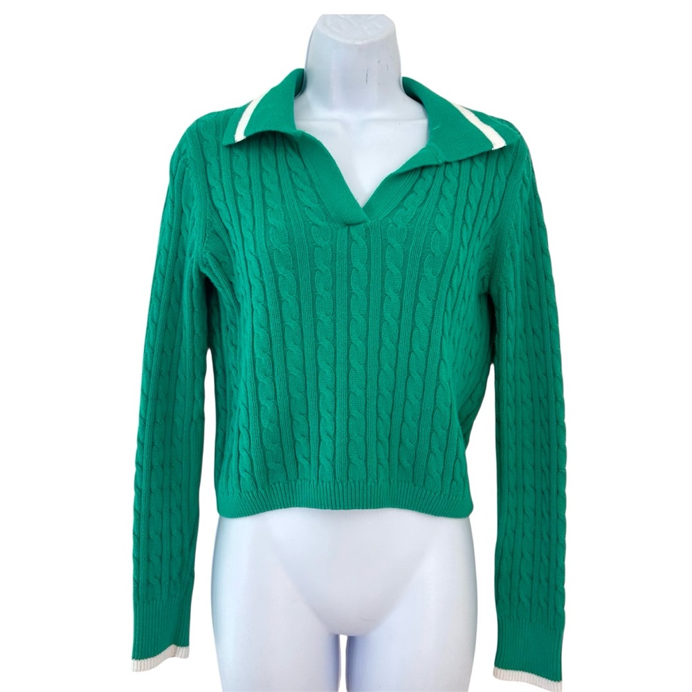 Nicole Miller Kelly Green Cable Knit Sweater XS-M Tennis Preppy